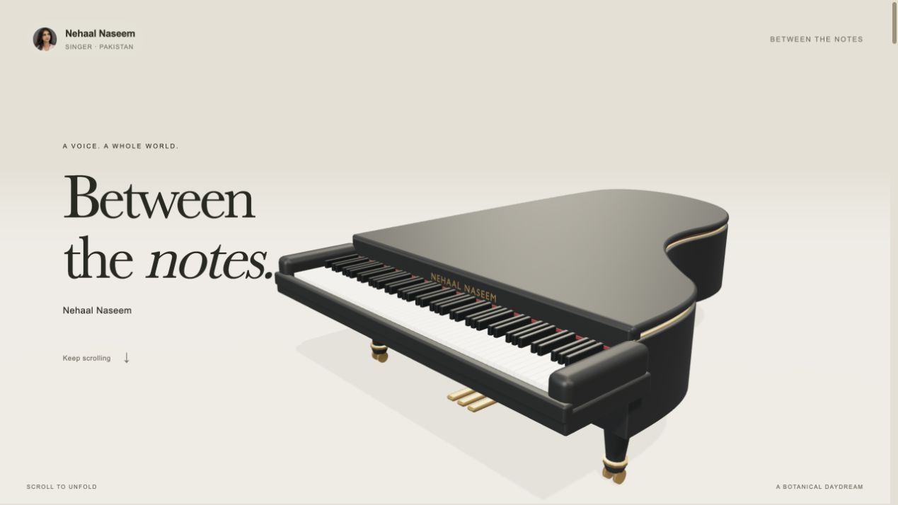 An original 3D concert piano opening into a garden concert hall